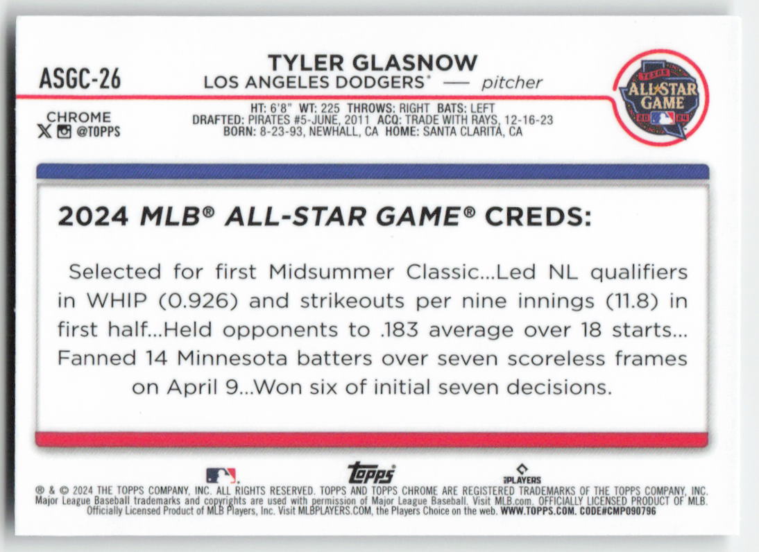 2024 Topps Chrome #ASGC-26 Tyler Glasnow All Star Game Chrome Dodgers 1057