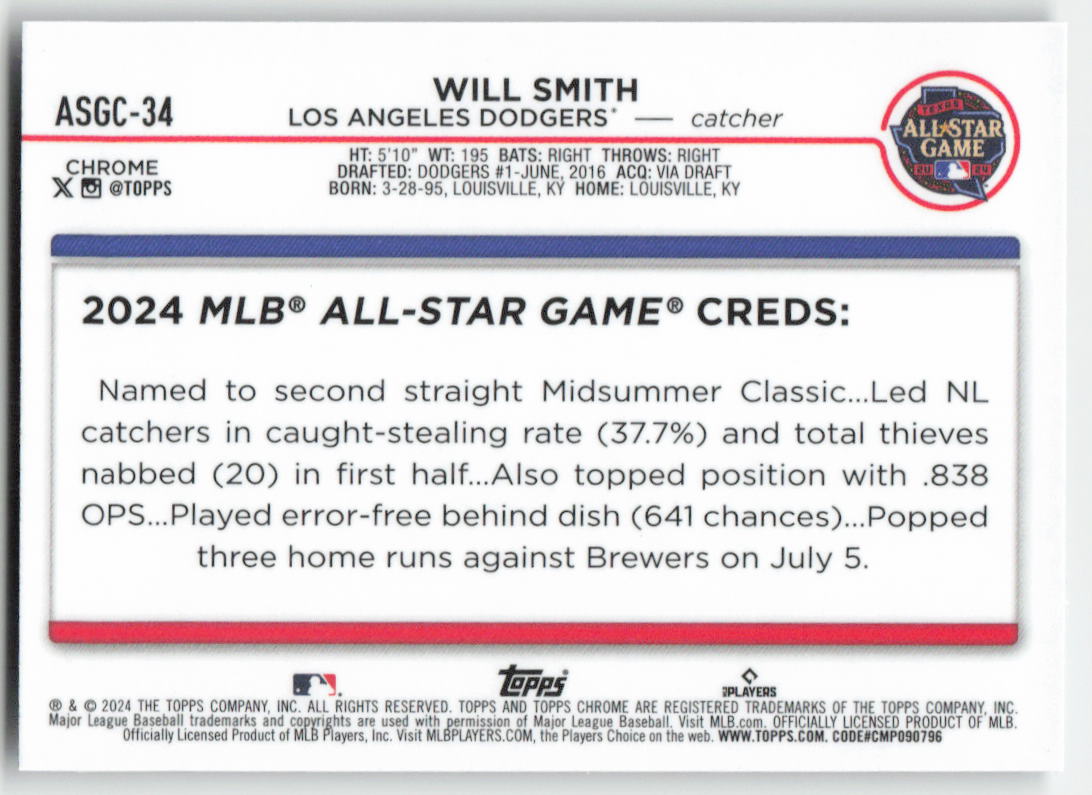2024 Topps Chrome #ASGC-34 Will Smith All Star Game Chrome Dodgers 1058