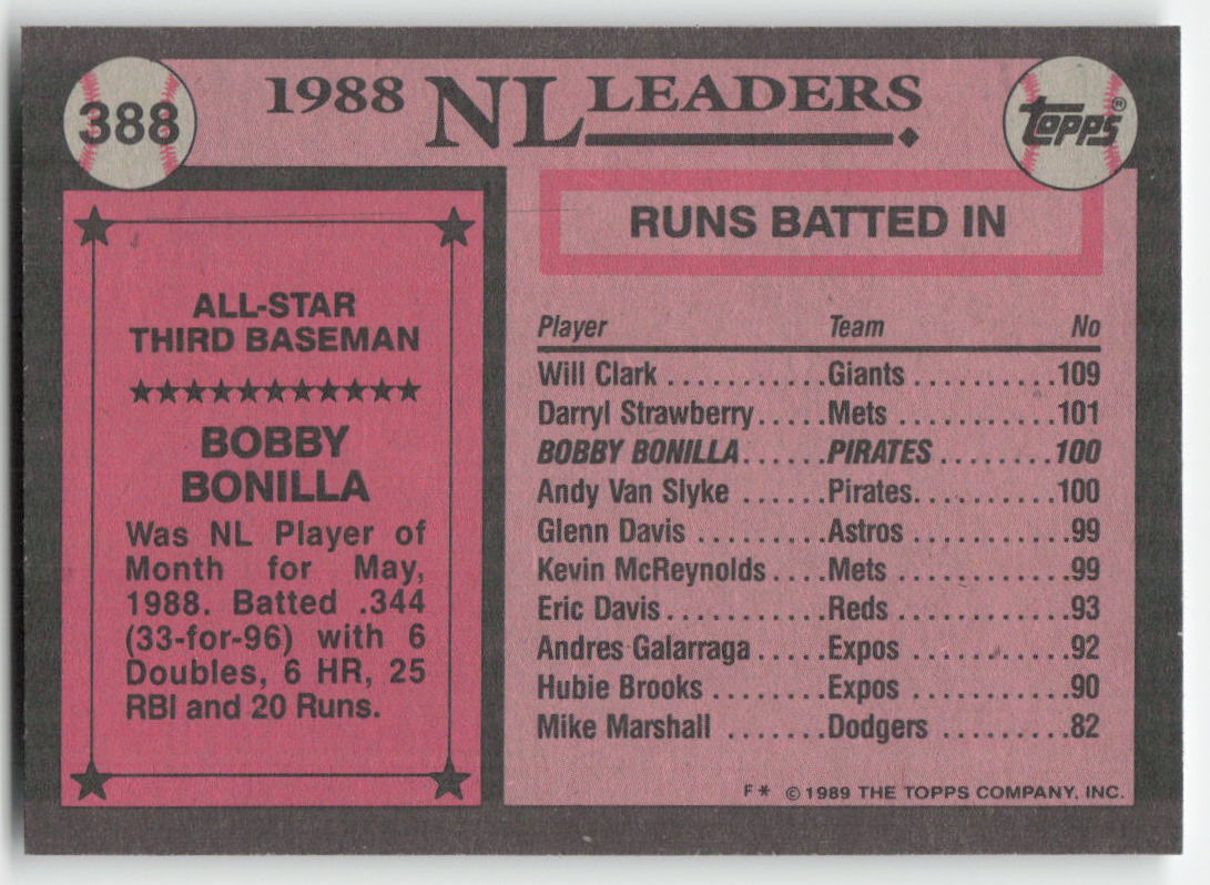 1989 Topps #388 Bobby Bonilla Pittsburgh Pirates 1062