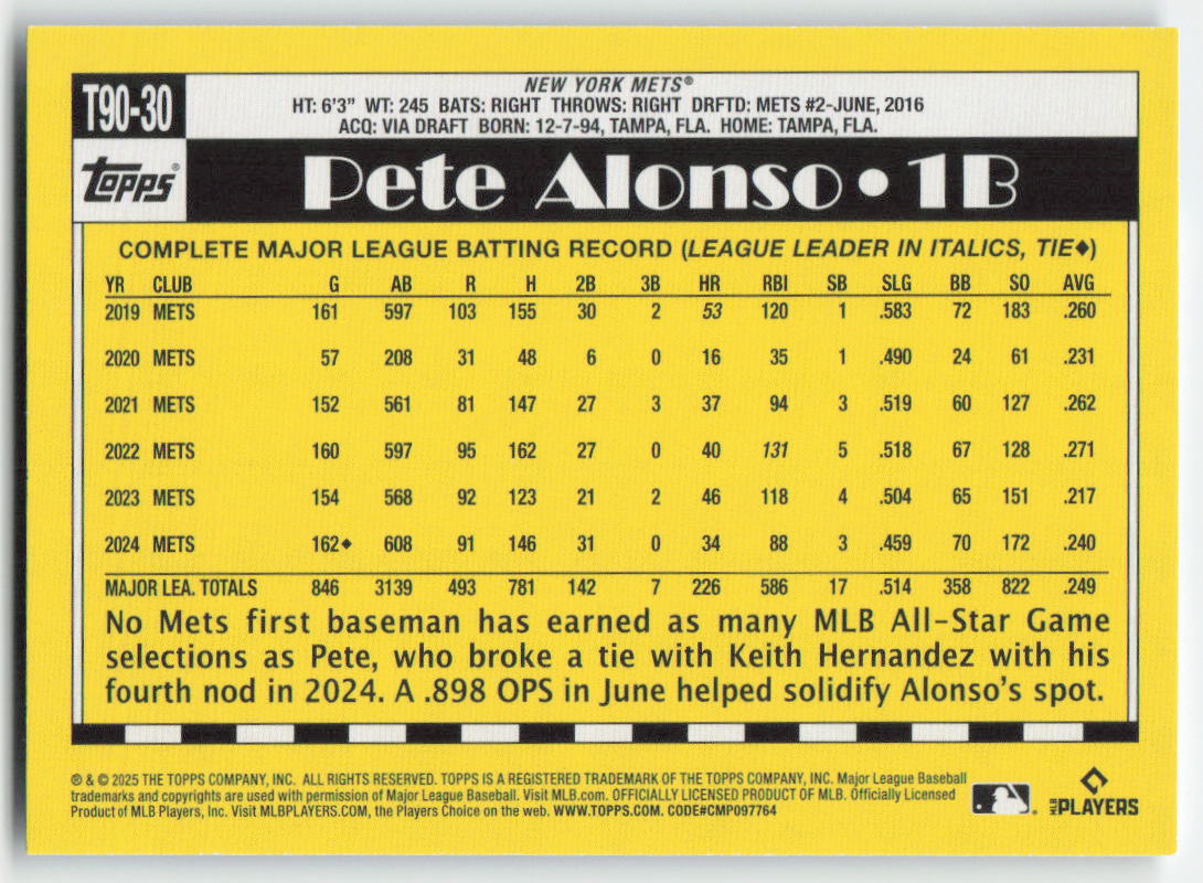2025 Topps #T90-30 Pete Alonso 1990 Baseball 35th Anniv New York Mets 1068