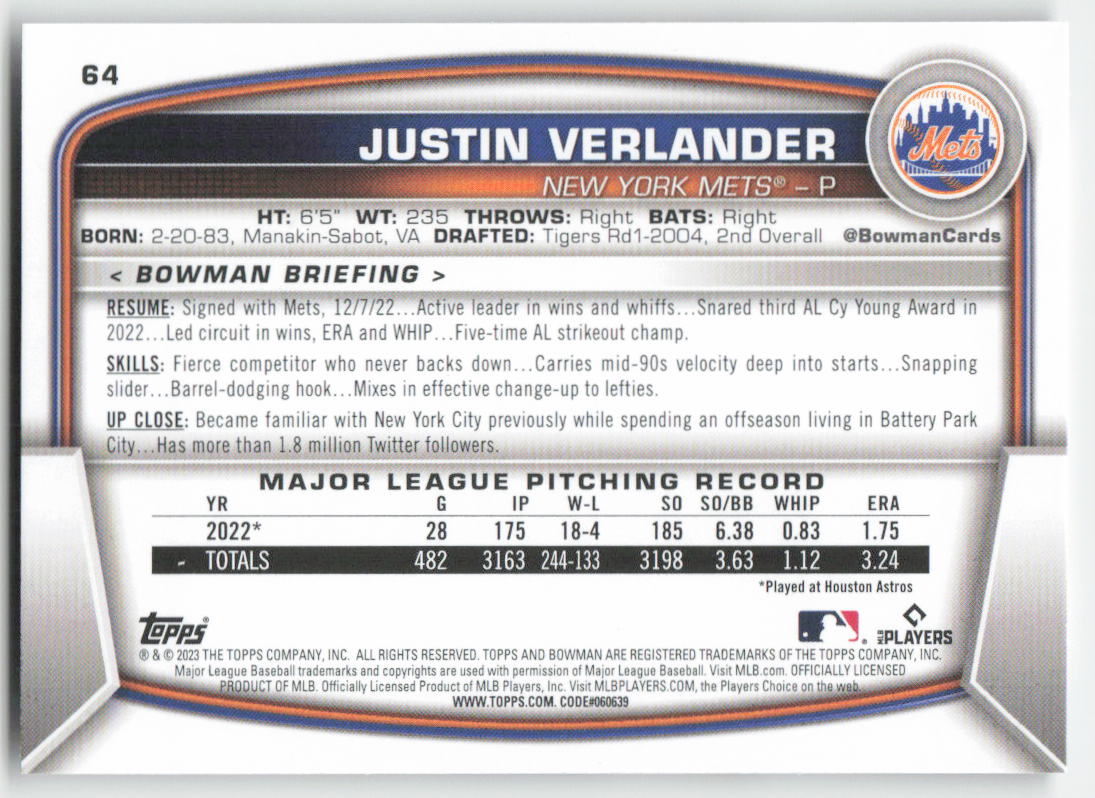 2023 Bowman #64 Justin Verlander New York Mets 1071