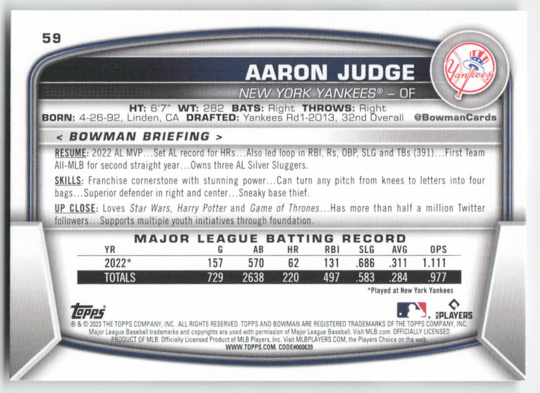 2023 Bowman #59 Aaron Judge New York Yankees 1073