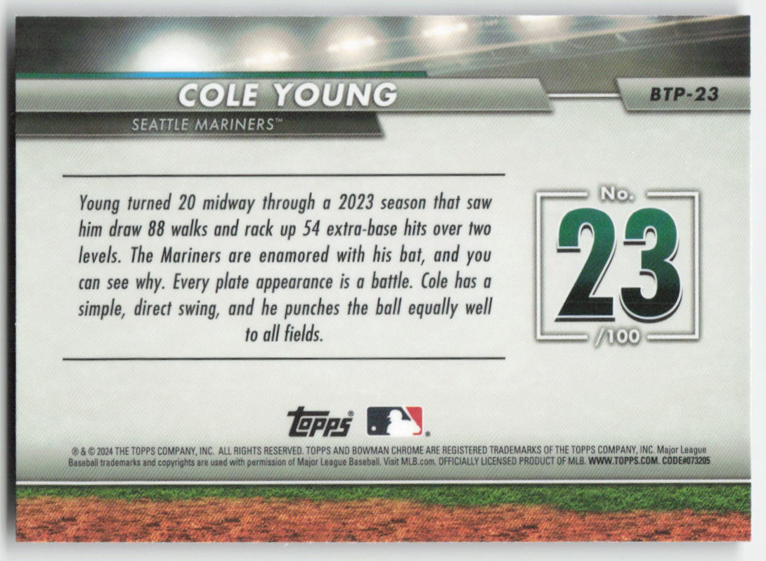 2024 Bowman #BTP-23 Cole Young Bowman Scouts' Top 100 Seattle Mariners 1077