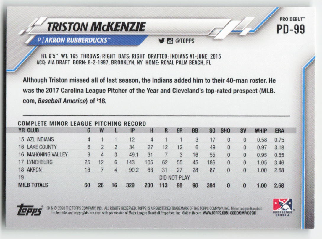 2020 Topps Pro Debut #PD-99 Triston McKenzie 1078