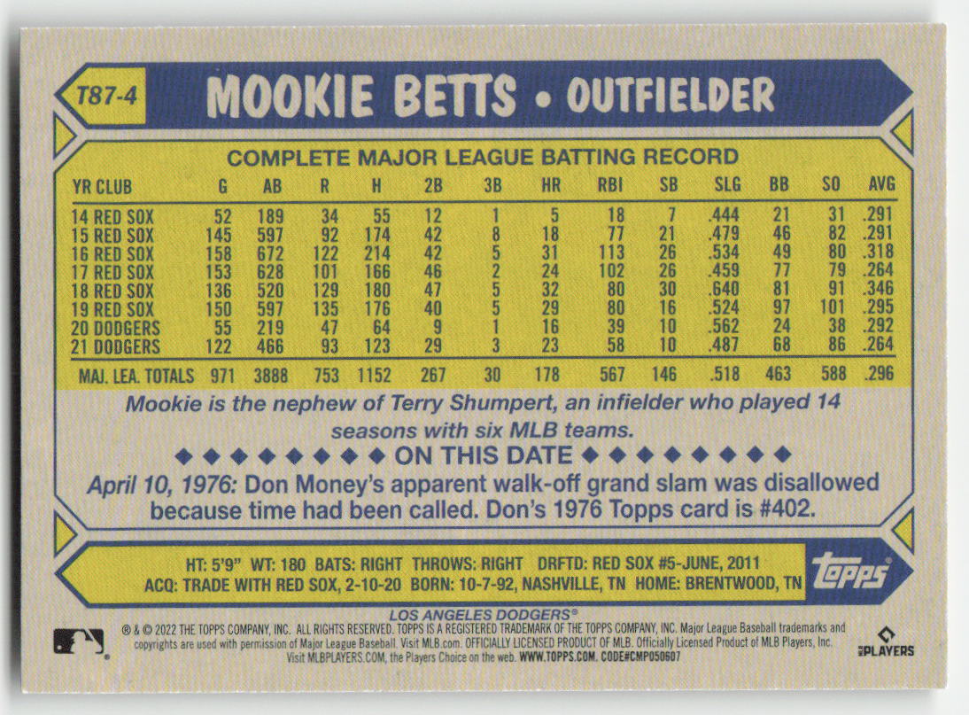 2022 Topps #T87-4 Mookie Betts 1987 Baseball 35th Anniversary Dodgers 1079