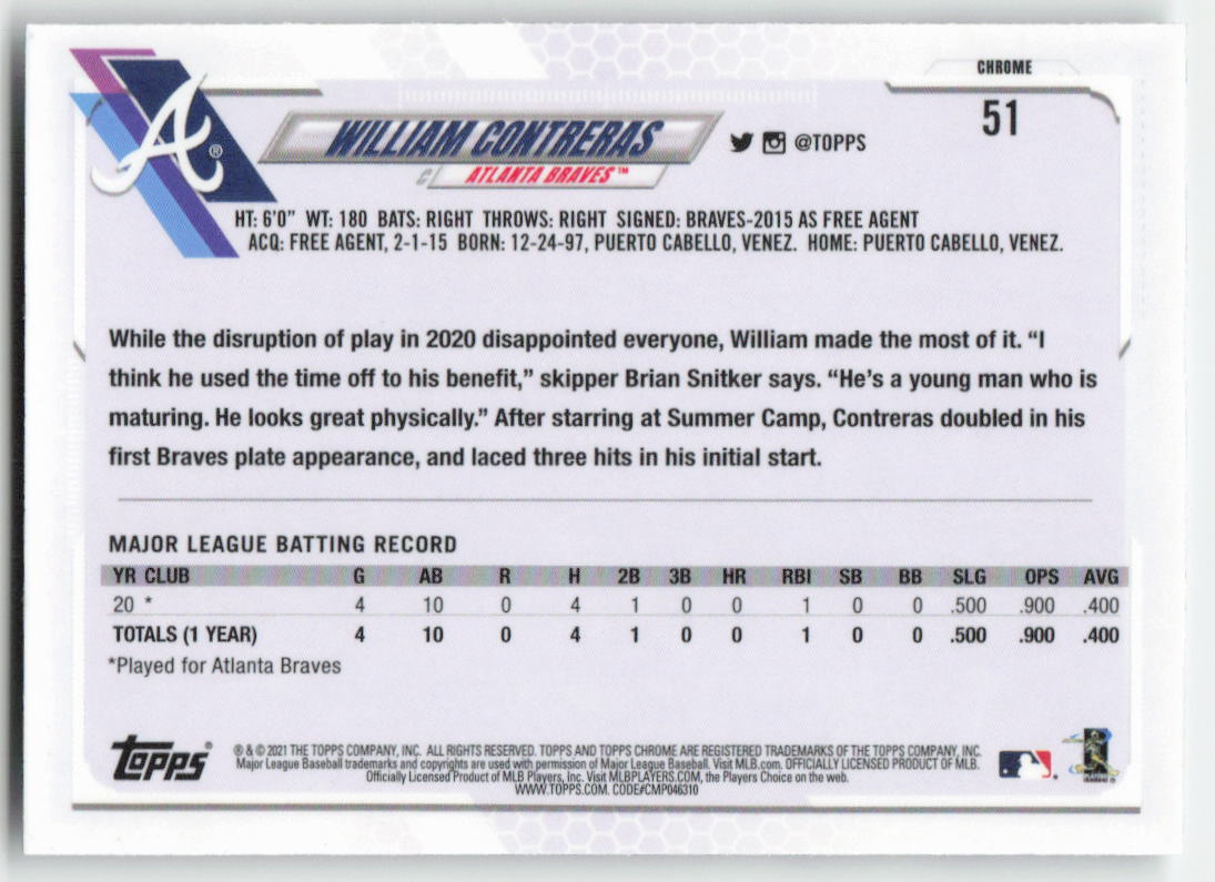 2021 Topps Chrome #51 William Contreras Atlanta Braves Rookie 1081