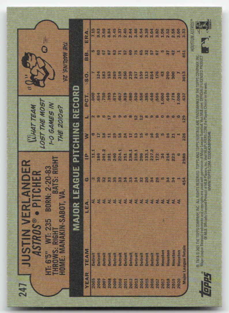 2021 Topps Heritage #247 Justin Verlander Houston Astros 1084