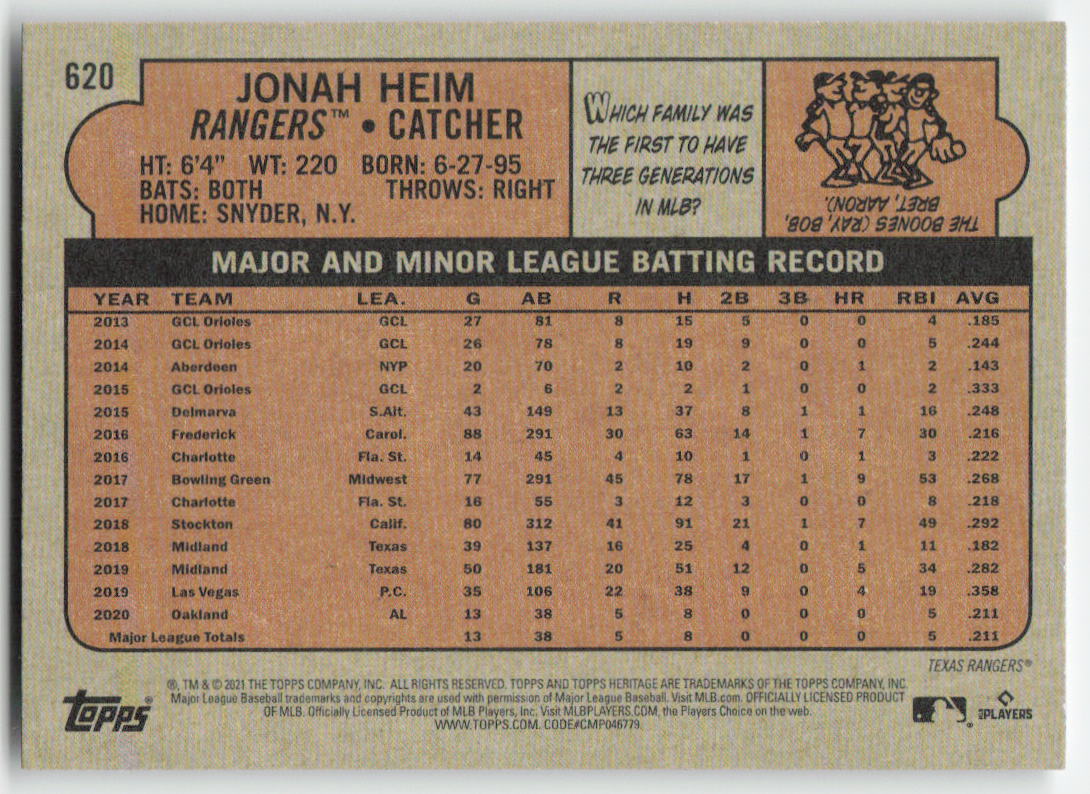 2021 Topps Heritage #620 Jonah Heim Texas Rangers Rookie 1085
