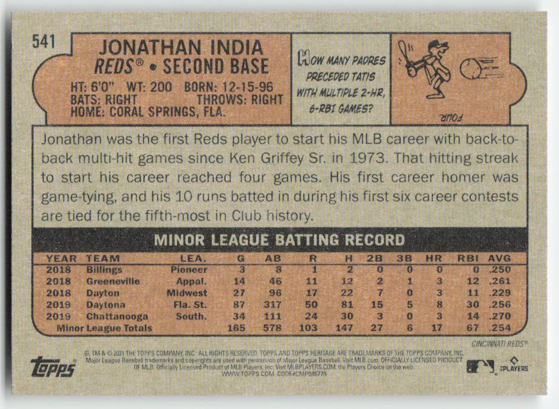 2021 Topps Heritage #541 Jonathan India Cincinnati Reds Rookie 1086