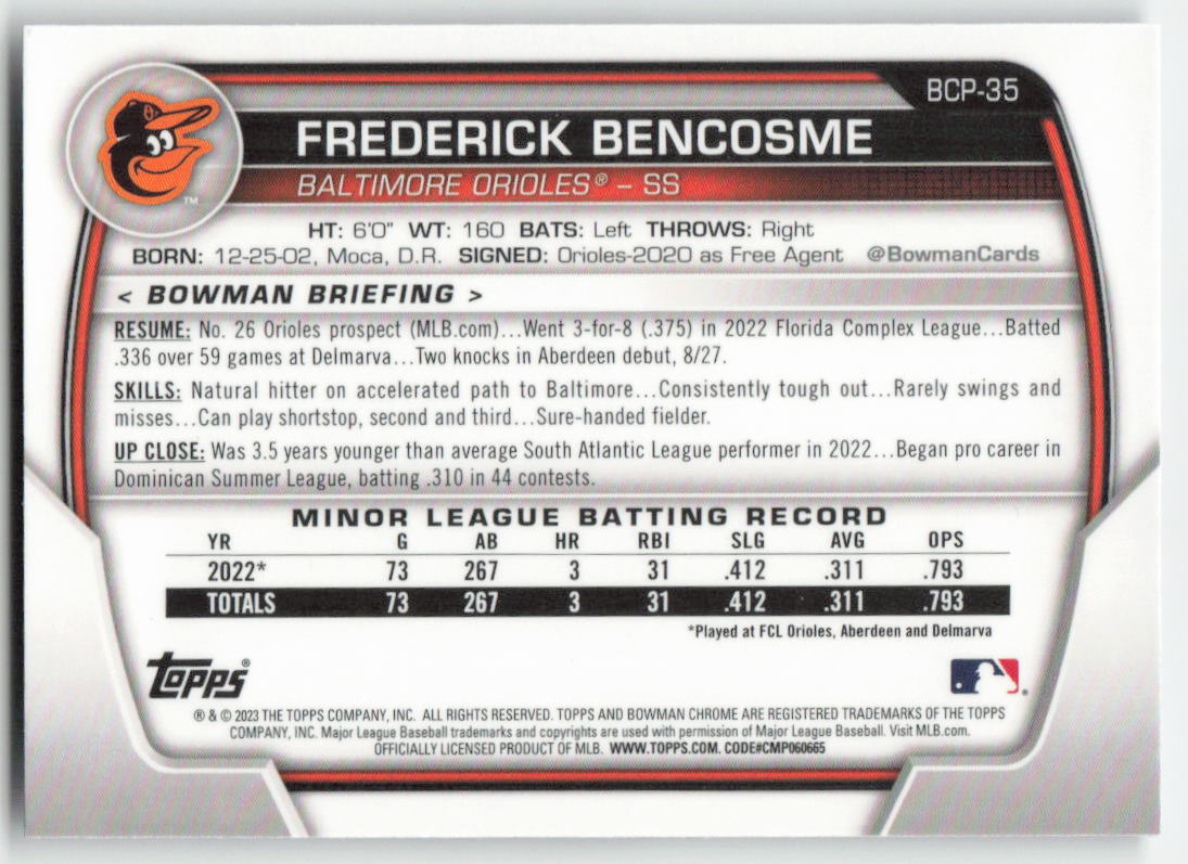 2023 Bowman #BCP-35 Frederick Bencosme Chrome Prospects Baltimore Orioles 1137