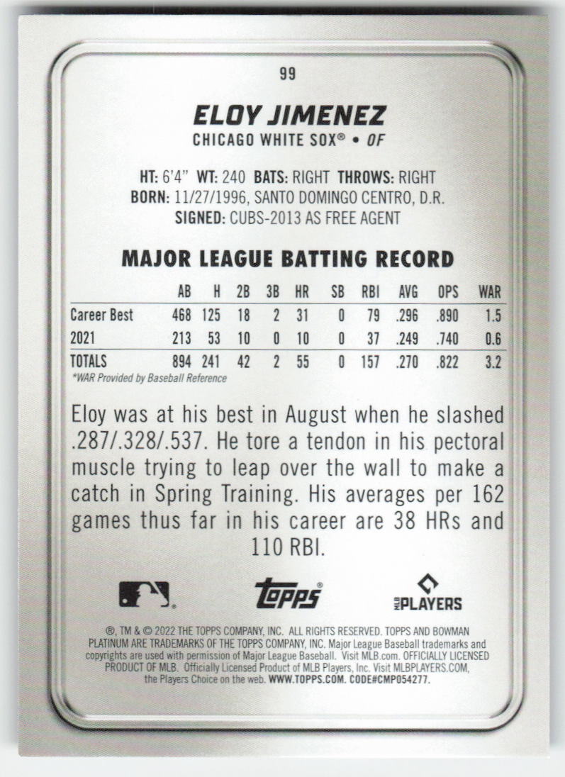 2022 Bowman Platinum #99 Eloy Jimenez Chicago White Sox 1140