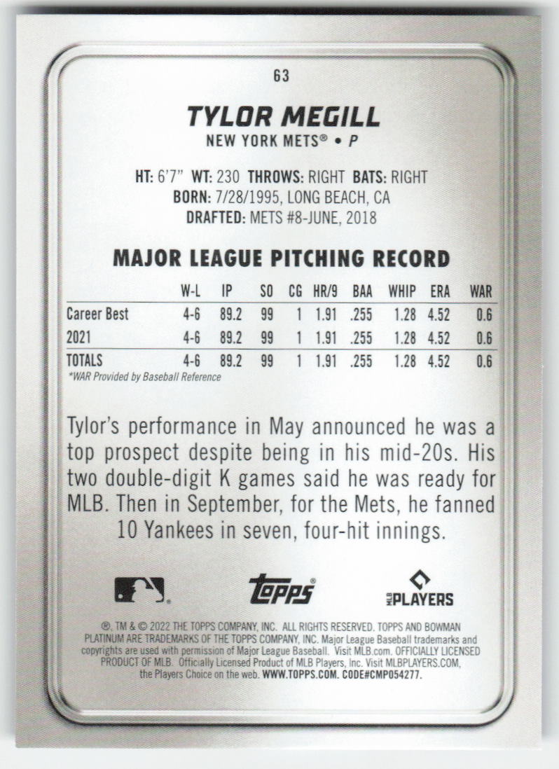 2022 Bowman Platinum #63 Tylor Megill New York Mets Rookie 1143