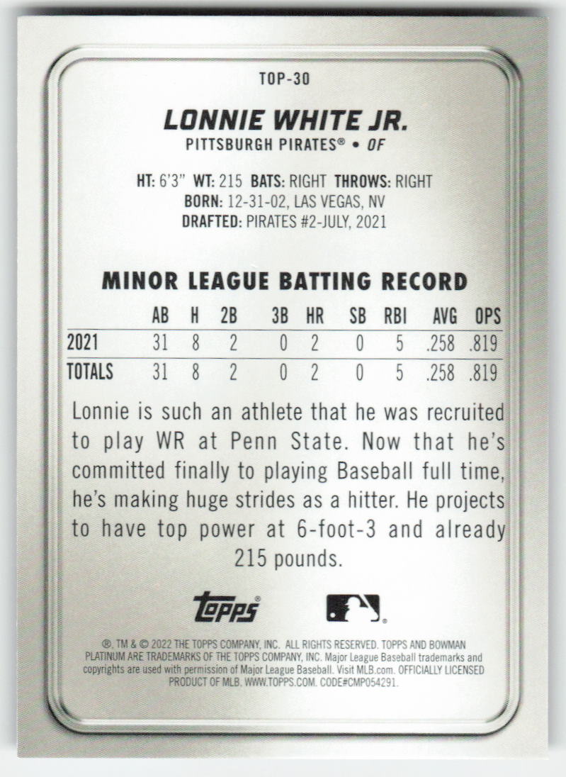 2022 Bowman Platinum #TOP-30 Lonnie White Jr. Top Prospects Pirates 1146