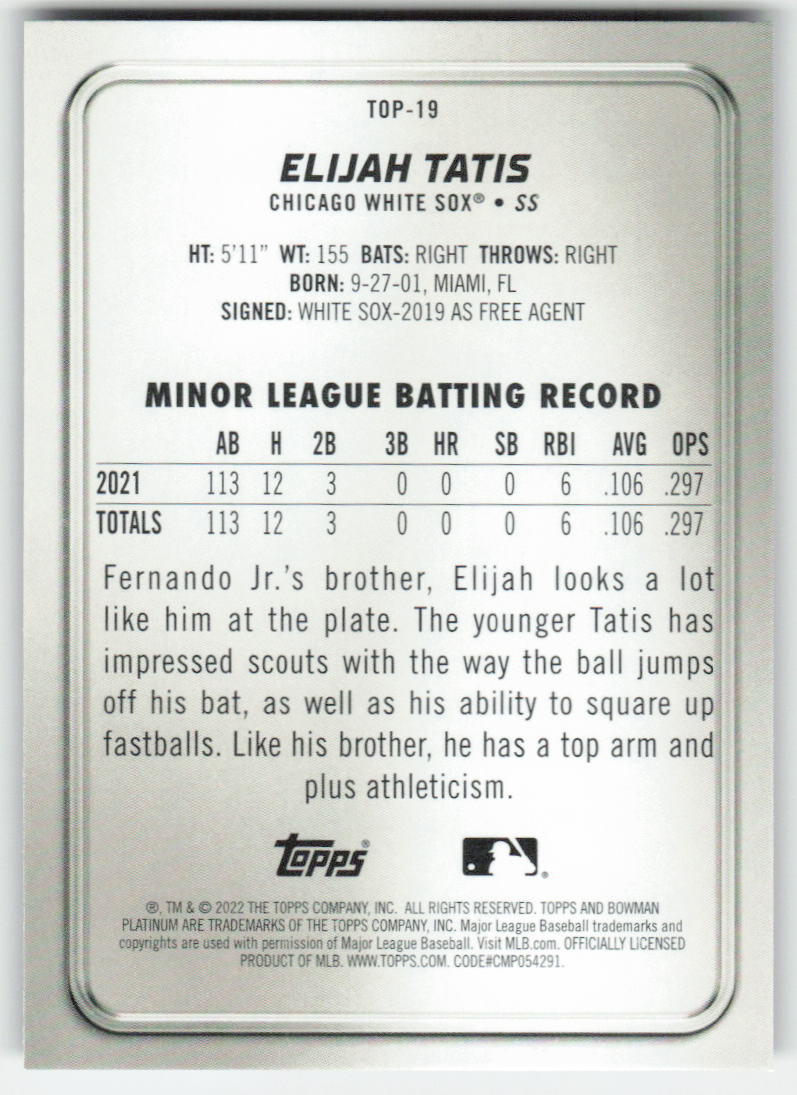 2022 Bowman Platinum #TOP-19 Elijah Tatis Top Prospects Chicago White Sox 1148