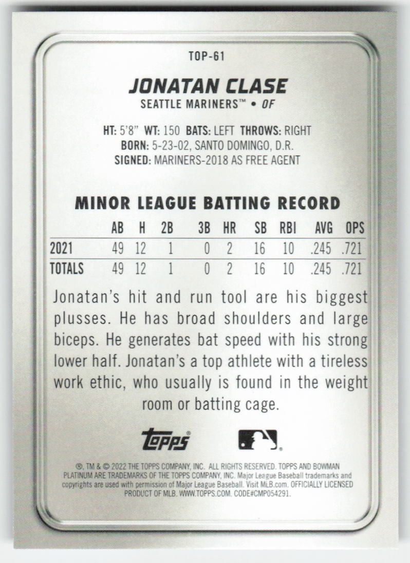 2022 Bowman Platinum #TOP-61 Jonatan Clase Top Prospects Seattle Mariners 1149