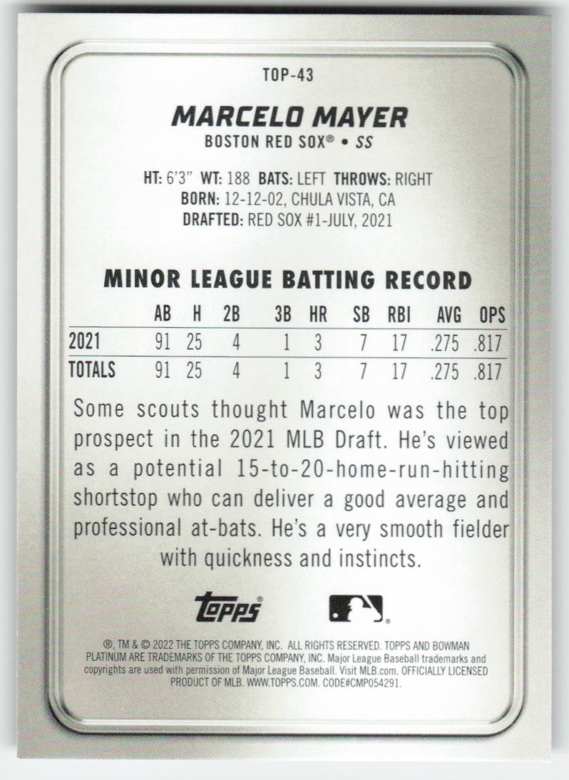 2022 Bowman Platinum #TOP-43 Marcelo Mayer Top Prospects Boston Red Sox 1150