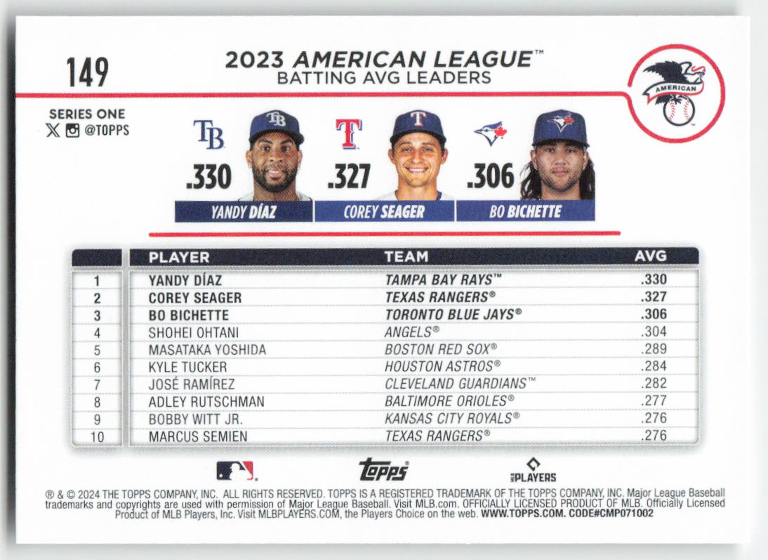2024 Topps #149 AL Leaders Batting Average (Díaz / Seager / Bichette) 1167