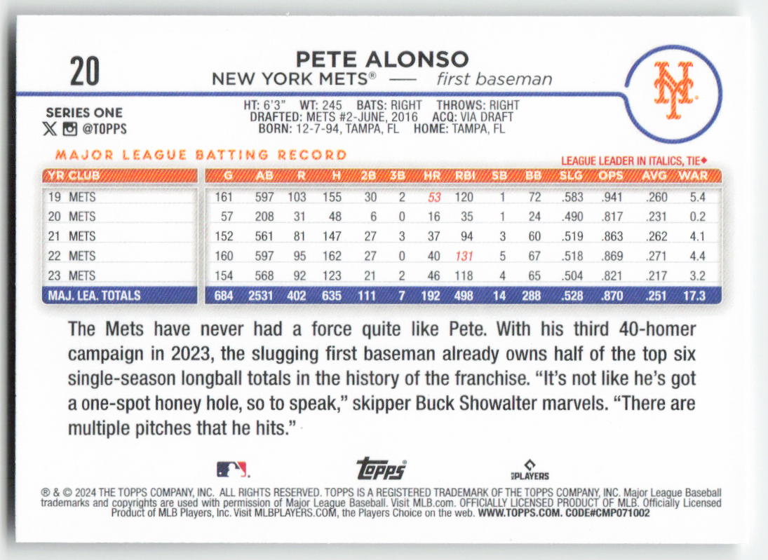 2024 Topps #20 Pete Alonso New York Mets 1173