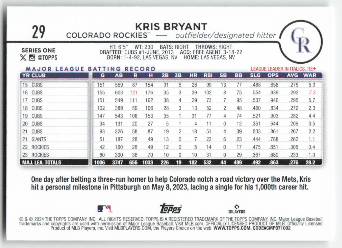 2024 Topps #29 Kris Bryant Colorado Rockies 1176