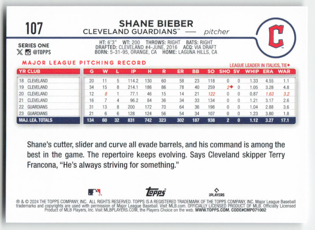 2024 Topps #107 Shane Bieber Cleveland Guardians 1179