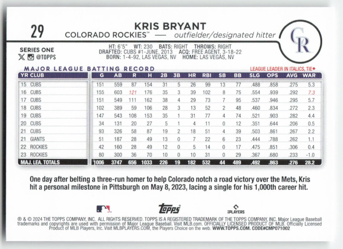 2024 Topps #29 Kris Bryant Colorado Rockies 1181