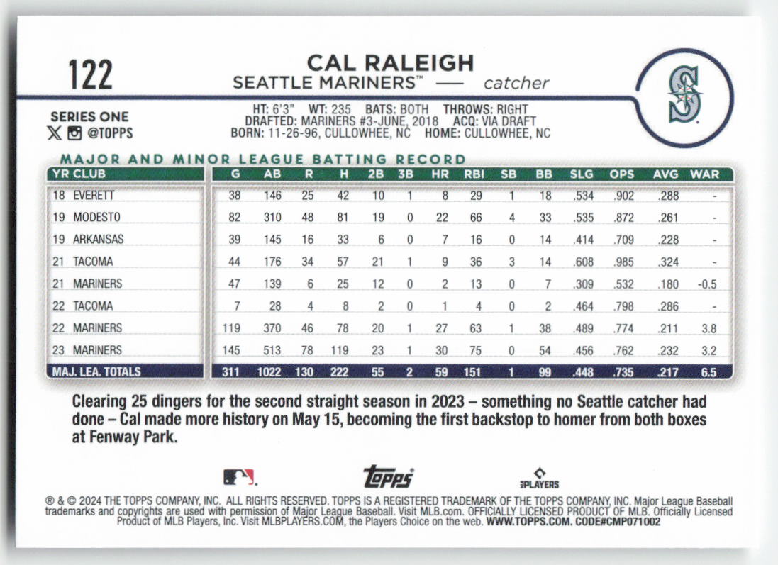 2024 Topps #122 Cal Raleigh Seattle Mariners 1184