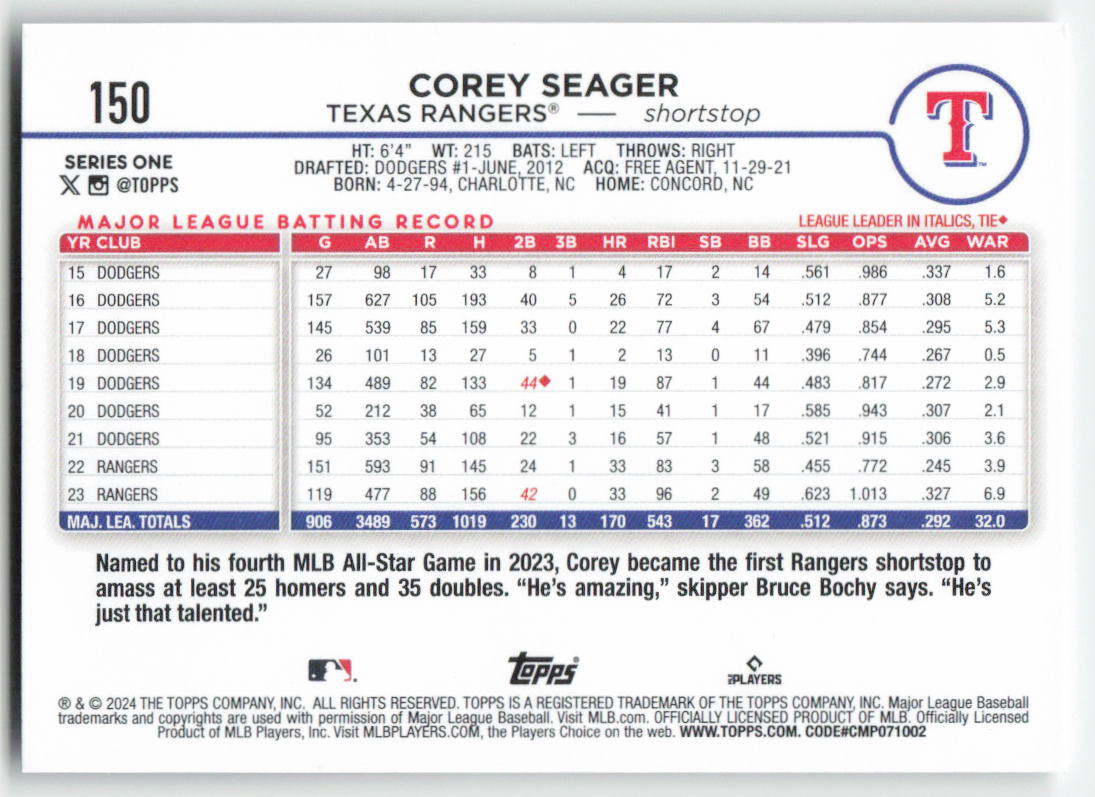 2024 Topps #150 Corey Seager Texas Rangers 1189