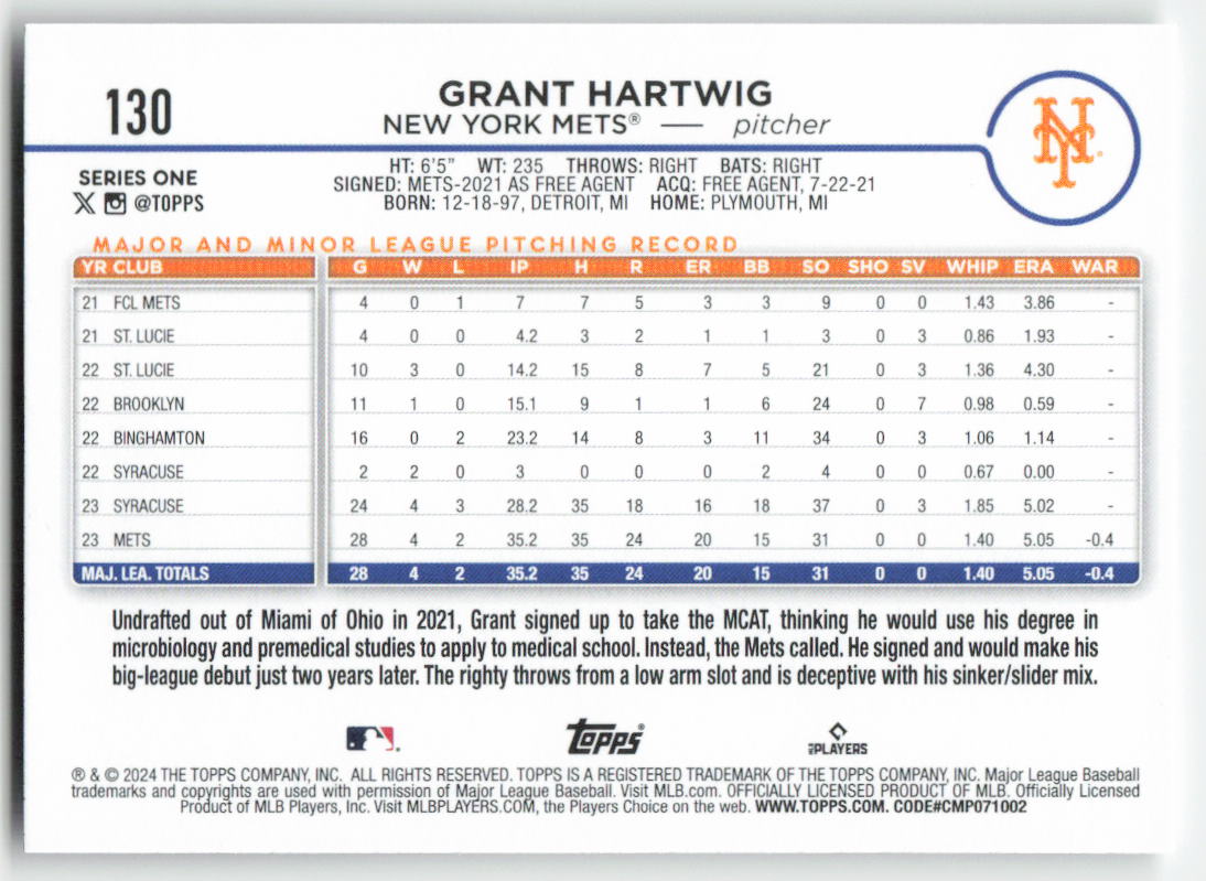 2024 Topps #130 Grant Hartwig New York Mets Rookie 1199