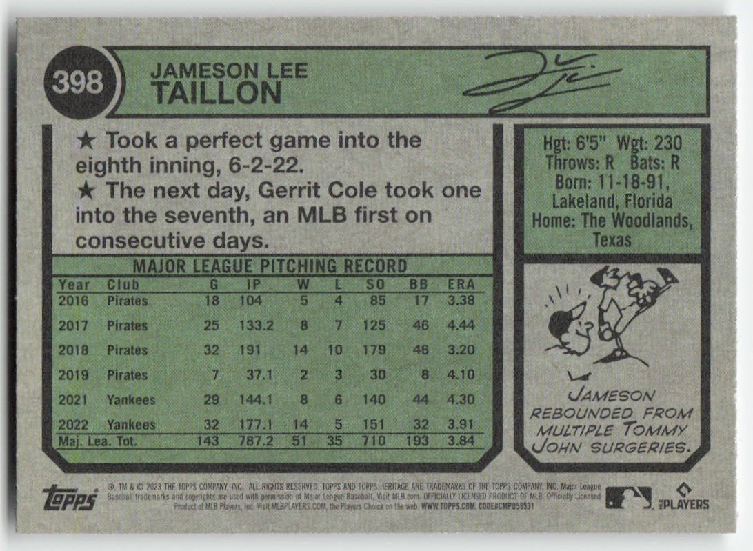 2023 Topps Heritage #398 Jameson Taillon Chicago Cubs 1205