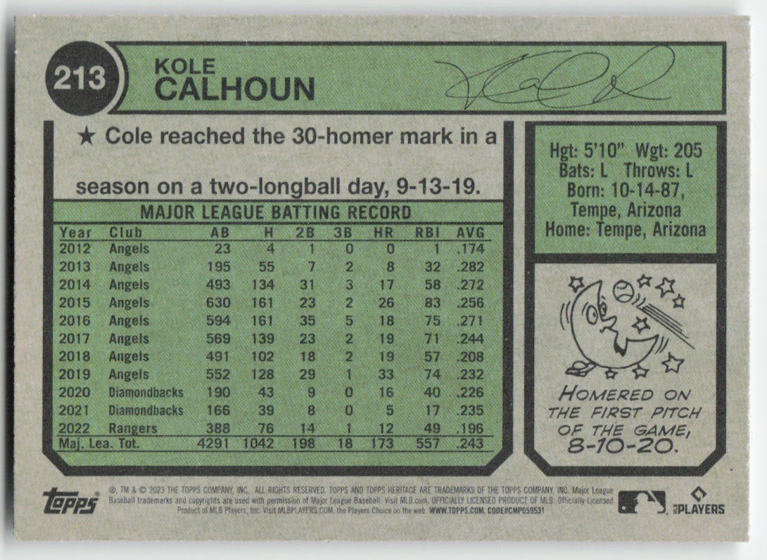 2023 Topps Heritage #213 Kole Calhoun Texas Rangers 1214