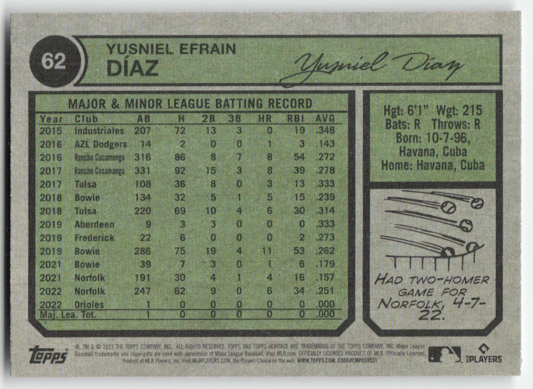 2023 Topps Heritage #62 Yusniel Díaz Baltimore Orioles Rookie 1224