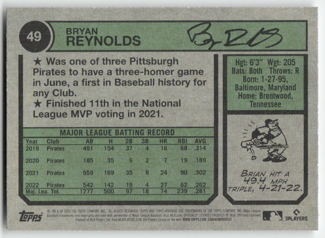 2023 Topps Heritage #49 Bryan Reynolds Pittsburgh Pirates 1229