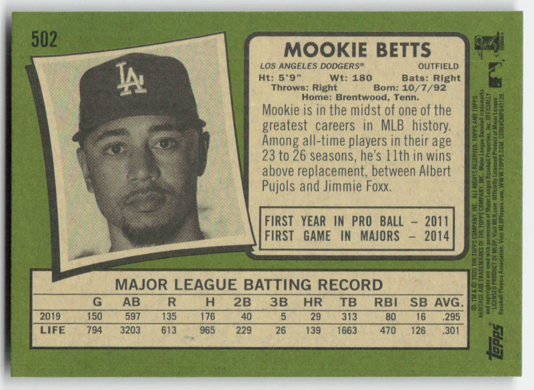 2020 Topps Heritage #502 Mookie Betts Los Angeles Dodgers 1241