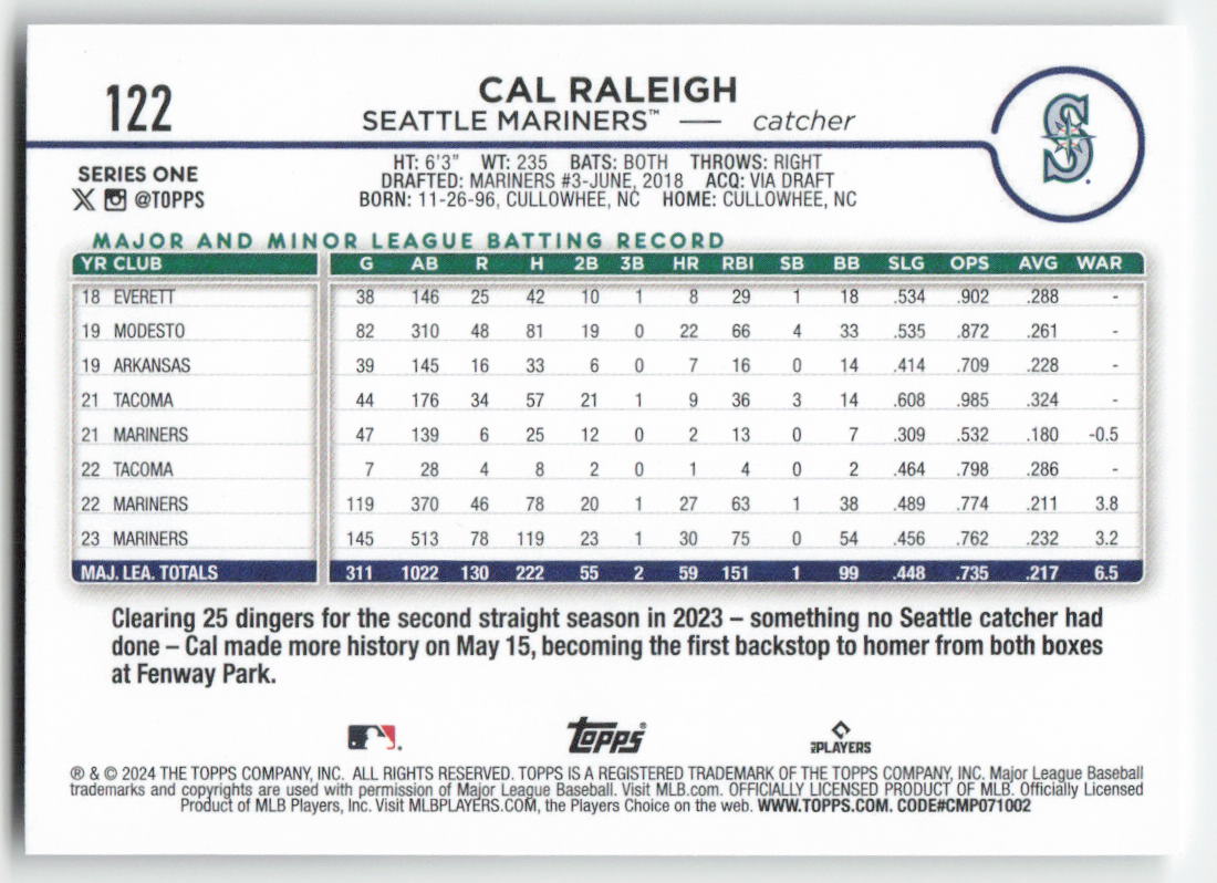 2024 Topps #122 Cal Raleigh Seattle Mariners 1265