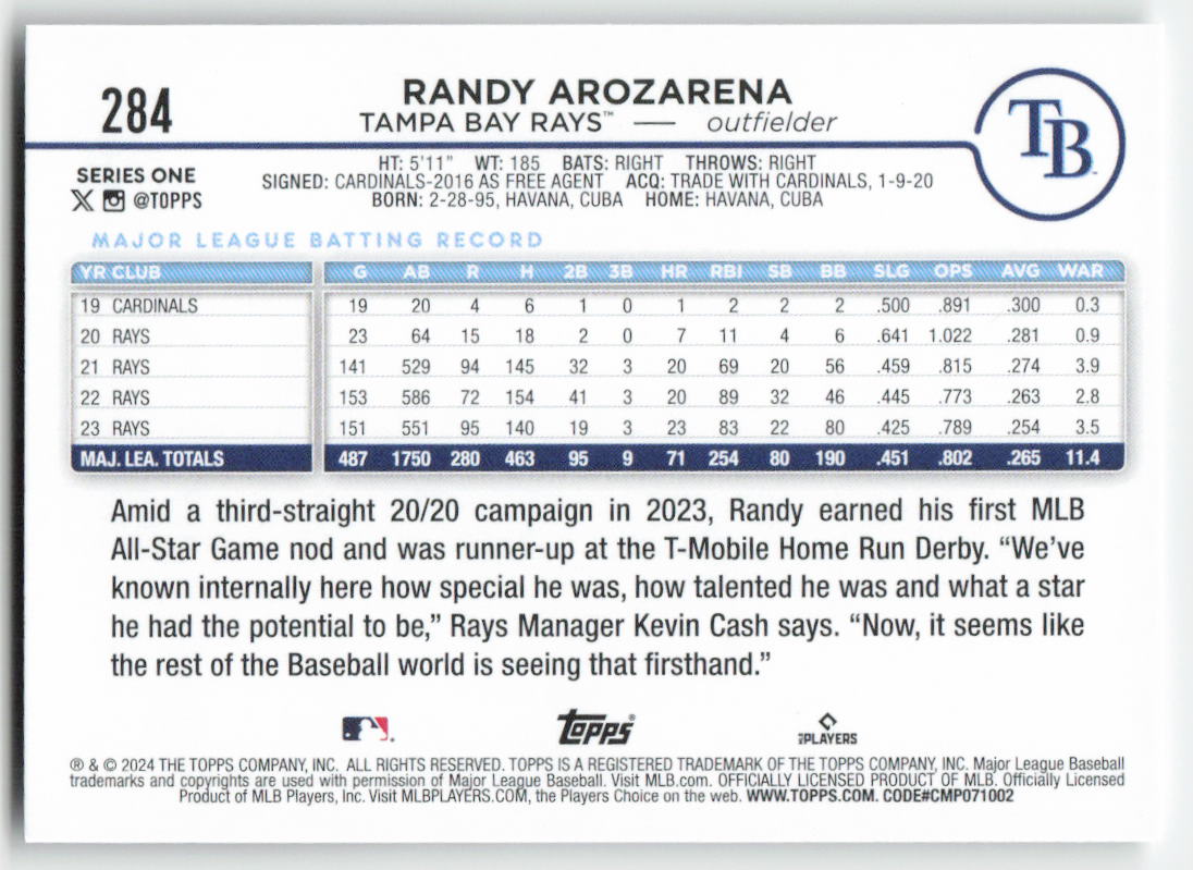 2024 Topps #284 Randy Arozarena Tampa Bay Rays 1266