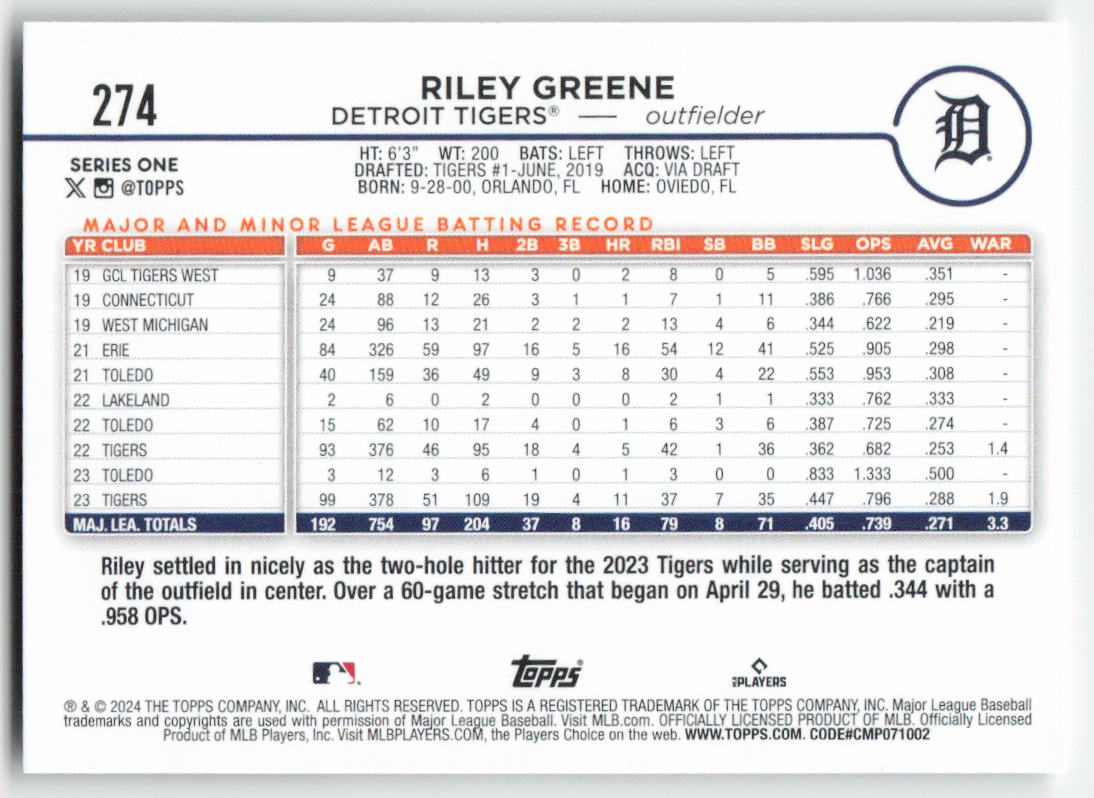 2024 Topps #274 Riley Greene Detroit Tigers 1270