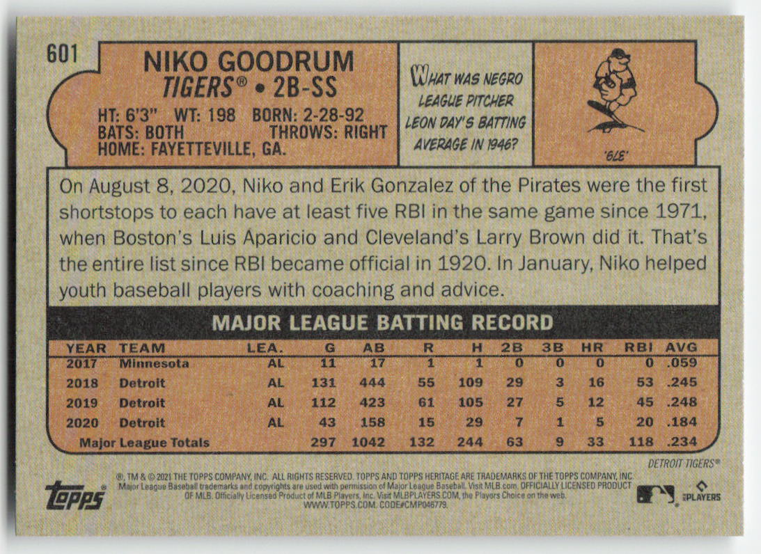2021 Topps Heritage #601 Niko Goodrum Detroit Tigers 1279