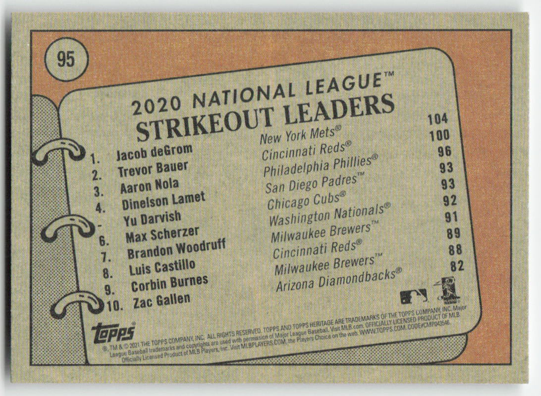 2021 Topps Heritage #95 2020 NL Strikeout Leaders (deGrom / Bauer / Nola) 1286