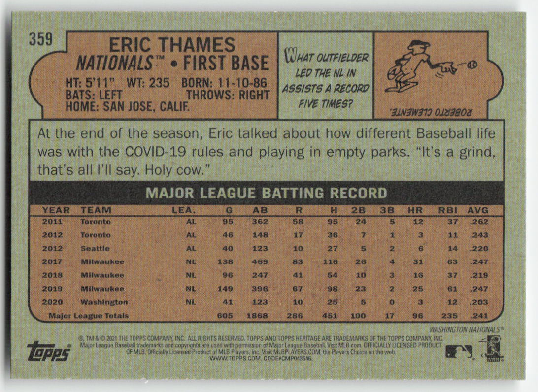 2021 Topps Heritage #359 Eric Thames Washington Nationals 1293