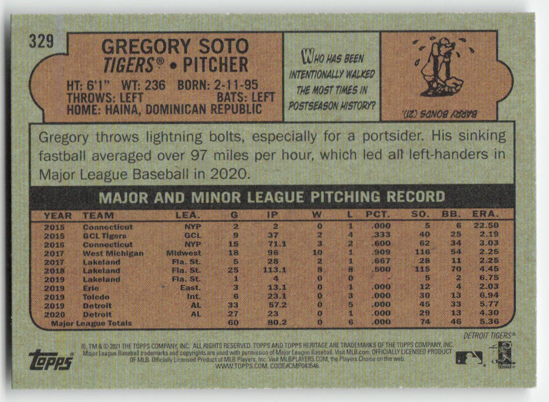 2021 Topps Heritage #329 Gregory Soto Detroit Tigers 1294