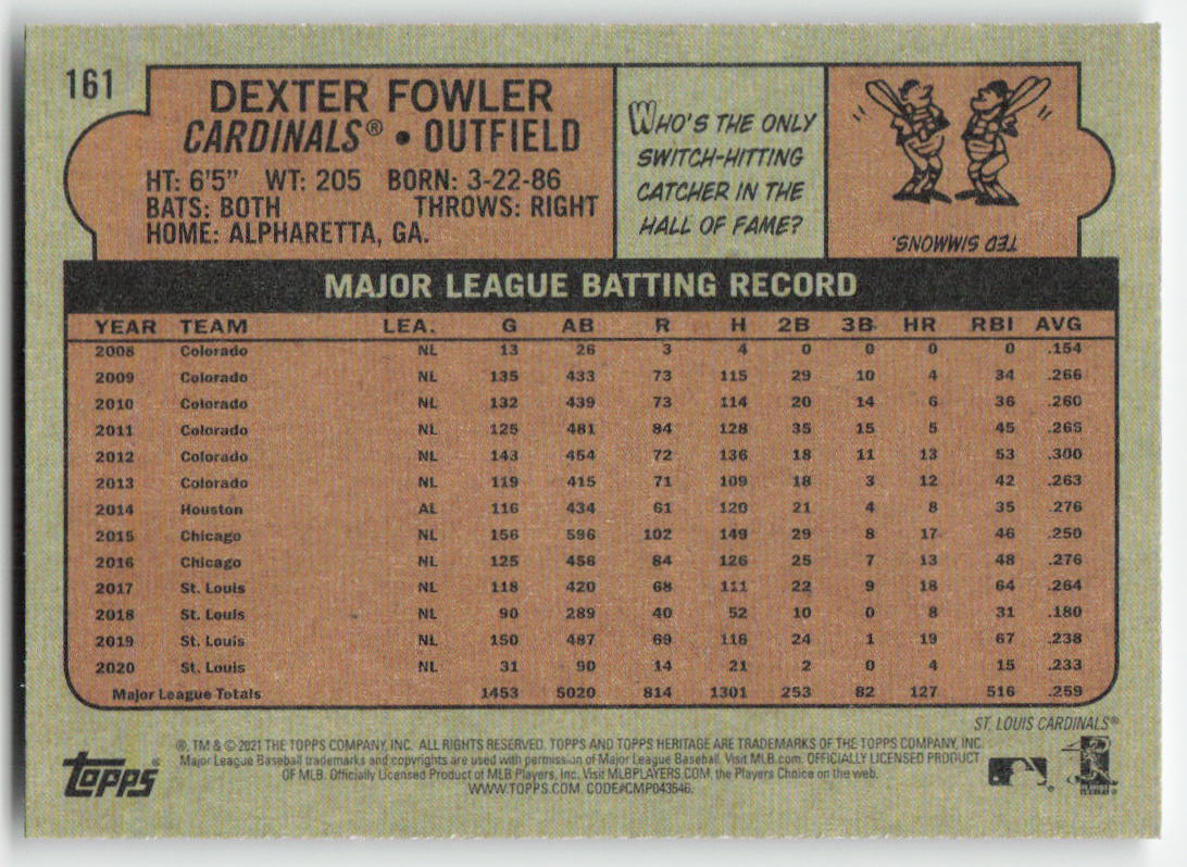 2021 Topps Heritage #161 Dexter Fowler St. Louis Cardinals 1297