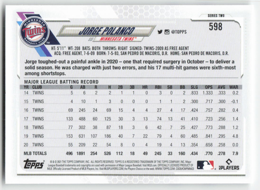 2021 Topps #598 Jorge Polanco Minnesota Twins 1302
