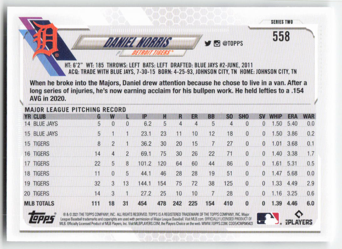 2021 Topps #558 Daniel Norris Detroit Tigers 1308