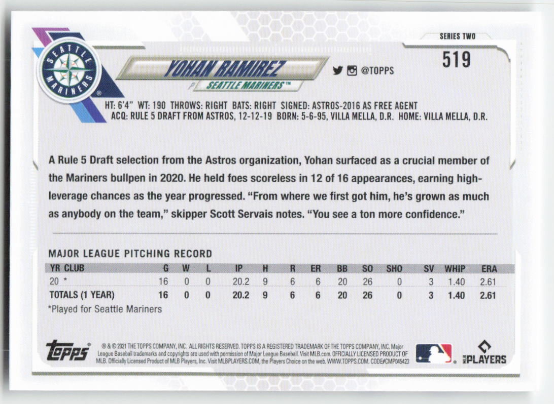 2021 Topps #519 Yohan Ramirez Seattle Mariners Rookie 1310