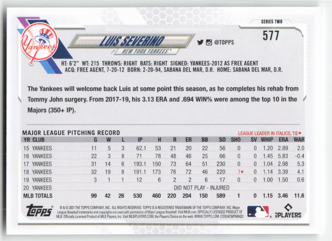 2021 Topps #577 Luis Severino New York Yankees 1313