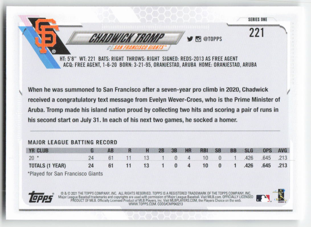 2021 Topps #221 Chadwick Tromp San Francisco Giants Rookie 1321