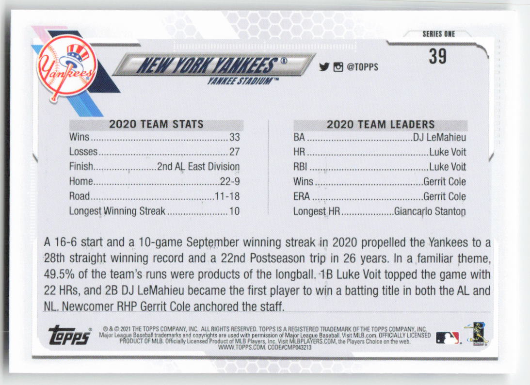 2021 Topps #39 New York Yankees Team Card 1324