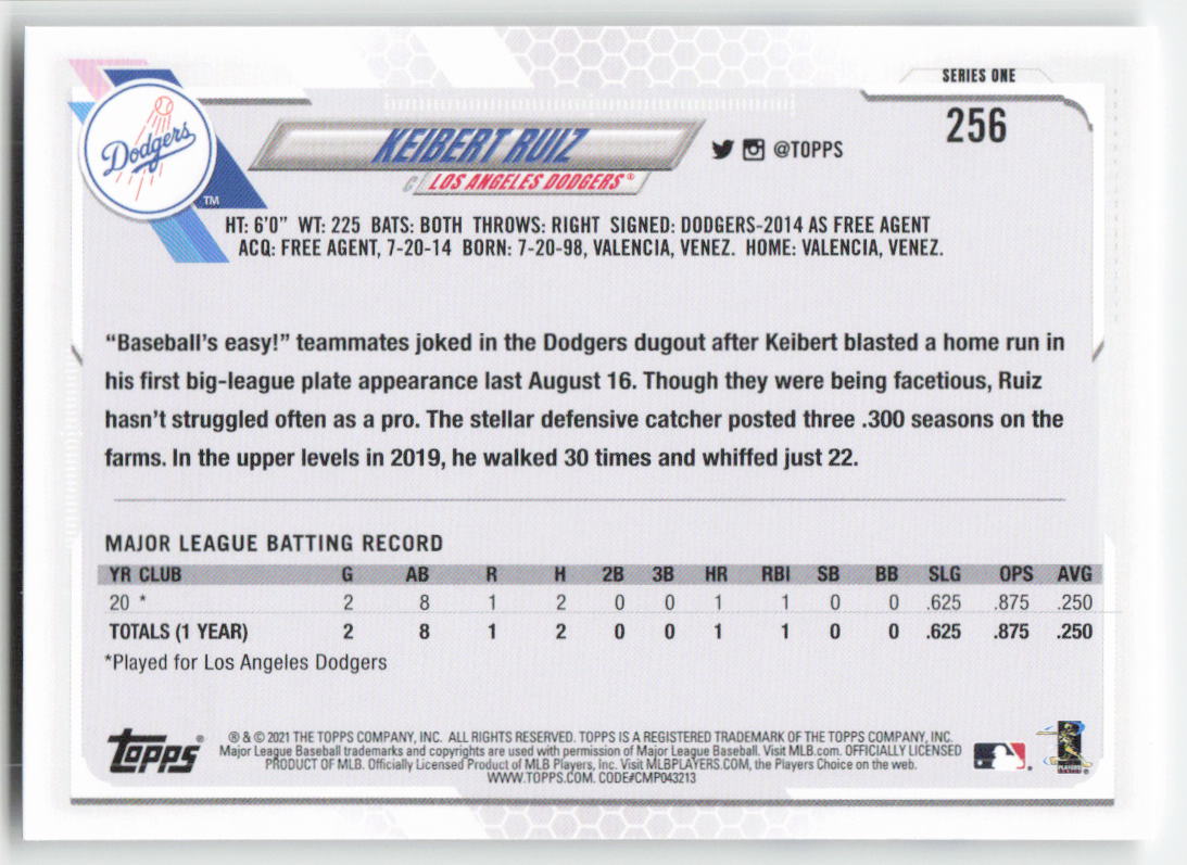 2021 Topps #256 Keibert Ruiz Los Angeles Dodgers Rookie 1328