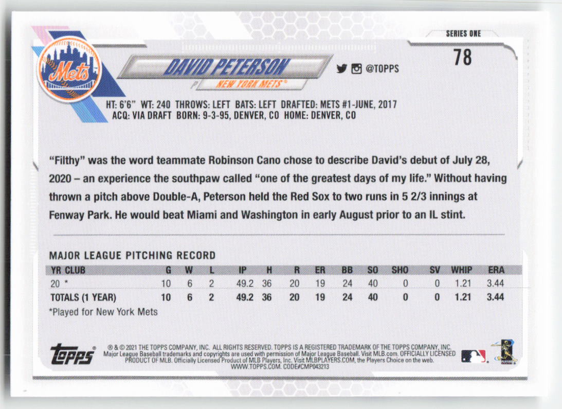 2021 Topps #78 David Peterson New York Mets Rookie 1330