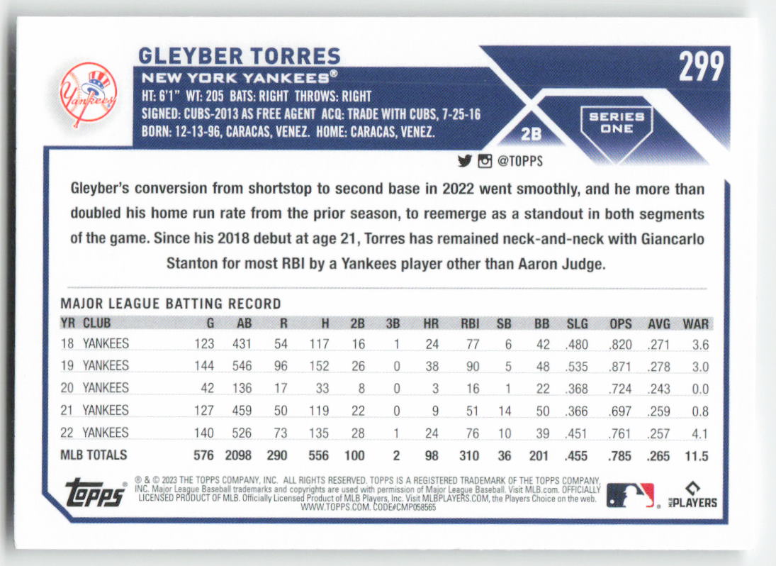 2023 Topps #299 Gleyber Torres New York Yankees 1340